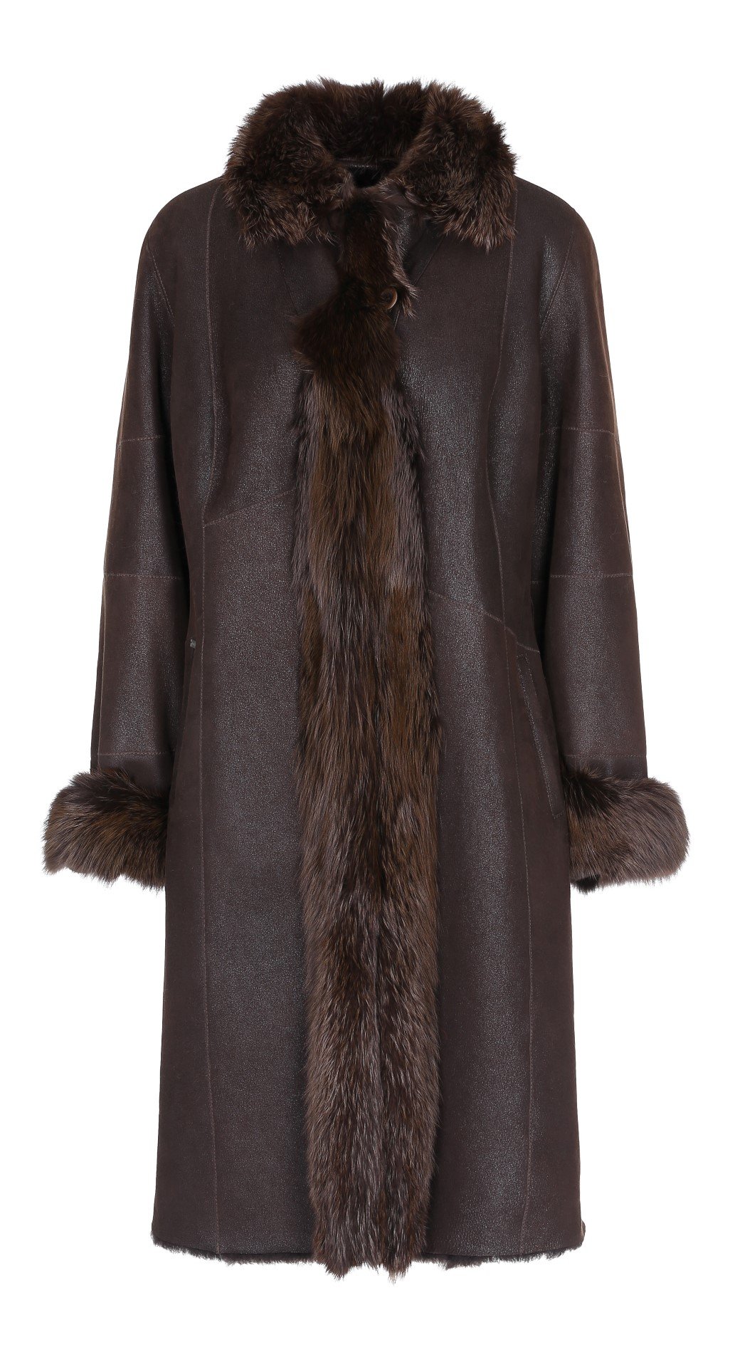 Brun rulamsfrakke med pelsbesætning af ræv